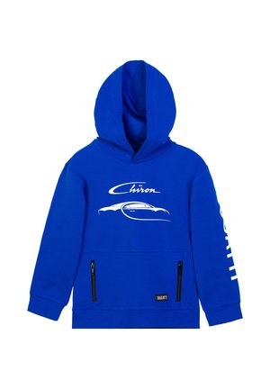 Blaues Kapuzensweatshirt mit weißem "Chiron"-Schriftzug und Auto-Umriss auf der Vorderseite, mit Reißverschlusstaschen und "Bugatti"-Etikett am Saum.