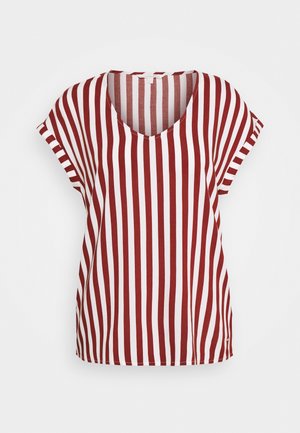 Bluzka z krótkim rękawem i dekoltem w serek, z pionowymi czerwono-białymi paskami, luźnym krojem i mankietami na rękawach.