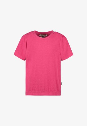 Roze T-shirt met korte mouwen, een gestructureerd patroon, een ronde hals en een rechte zoom. Gemaakt van zacht, ademend materiaal.
