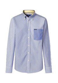 Camicia a maniche lunghe a righe blu e bianche con colletto a camicia e una tasca. Presenta dettagli a contrasto all'interno del colletto.