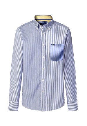 Striped long-sleeve shirt in blue and white with a button-down collar and a single pocket. Features contrasting inner collar details.