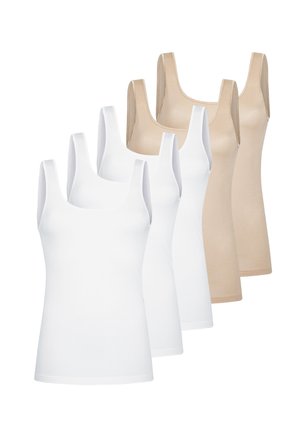 Trois débardeurs blancs et trois beige à encolure arrondie, disposés en deux rangées sur fond blanc.
