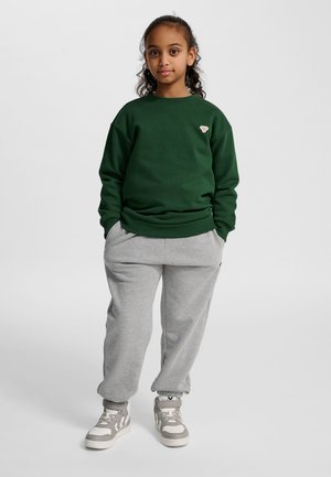 Zielona bluza z prążkowanymi mankietami i małym logo. W zestawie z szarymi spodniami dresowymi. Model nosi beżowe sneakersy za kostkę.