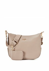 Beżowa skórzana torba na ramię z złotymi akcentami, wyposażona w odpinaną kieszonkę na monety oraz regulowany pasek, gładka faktura i zaokrąglony kształt.