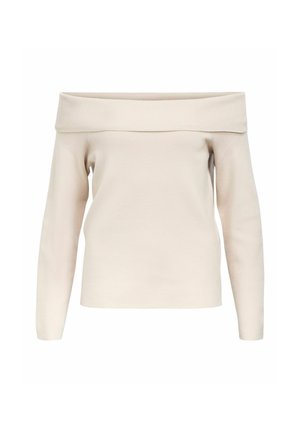 Õlgadelt avatud kreemjas sviiter, pikkade varrukatega, soonikdetailidega kaeluses ja mansettides, valmistatud pehmest, tekstureeritud kangast.