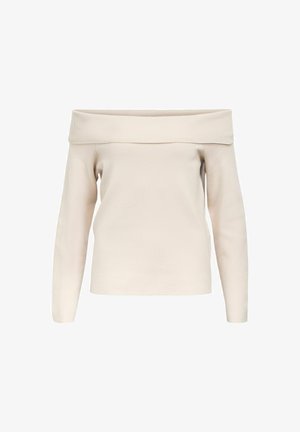 Õlgadelt avatud kreemjas sviiter, pikkade varrukatega, soonikdetailidega kaeluses ja mansettides, valmistatud pehmest, tekstureeritud kangast.