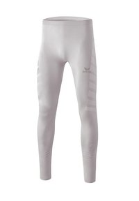 Leggings atletici grigi chiari con design aderente, realizzati in materiale elastico, con dettagli testurizzati e un logo sul davanti.