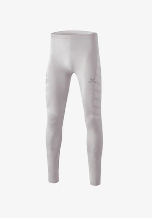 Hellgraue Sportleggings mit taillierter Passform, aus dehnbarem Material, mit strukturierten Akzenten und einem Logo auf der Vorderseite.
