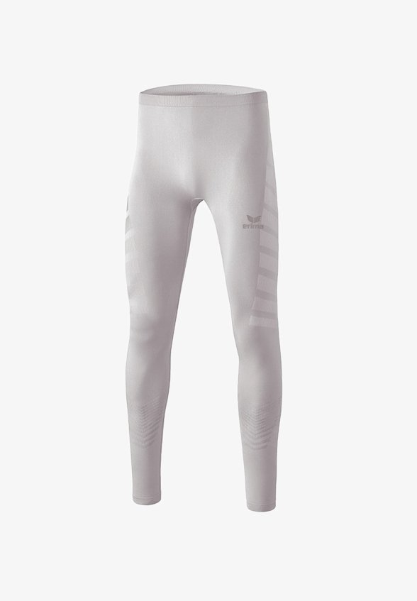 Leggings atletici grigi chiari con design aderente, realizzati in materiale elastico, con dettagli testurizzati e un logo sul davanti.