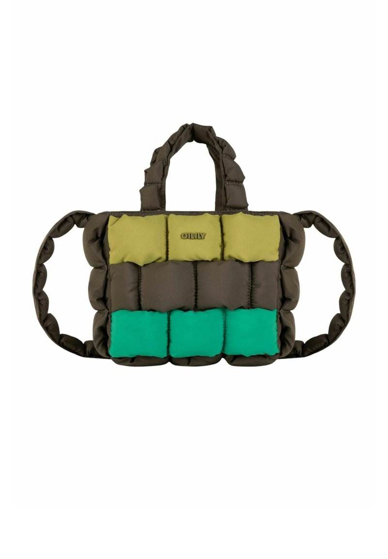 Gevoerde handtas in donkerbruin, met groene en olijfgroene panelen. Beschikt over twee korte handvatten en een zachte textuur met een doorgestikt ontwerp.