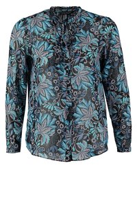 Blommig långärmad blus med svart bakgrund, intrikata mönster av blå och grå blad samt en knappstängning framtill med rynkad halsringning.