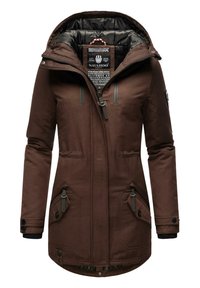 Brown outerwear jacket with a hood, featuring a zip front, two angled pockets, and textured fabric. Lined with black material inside.