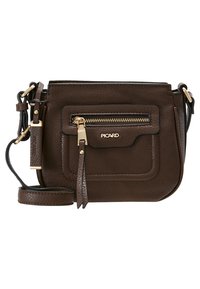 Ruskeasta nahasta valmistettu olkalaukku, jossa on etutasku vetoketjulla, kultaiset metalliosat ja irrotettava hihna. Tasainen pinta ja pyöreät muodot.