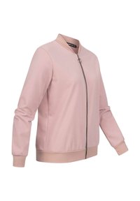 Svetle růžová bomber bunda vyrobená z měkké tkaniny, s předním zipem, žebrovanými manžetami a lemem a minimalistickým designem.