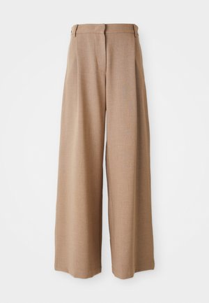 Wide-leg trousers made of textured fabric in a light brown hue, featuring a straight cut, defined waistband, and no visible hardware.