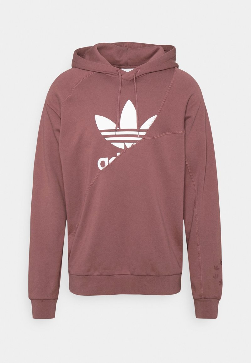 Bordový mikina s kapucí s bílým logem Adidas a diagonálním střihem. Měkčená tkanina s žebrovanými manžetami a šňůrkou na stažení.
