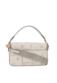 Sac à main rectangulaire beige avec motif floral et lettres subtils, bandoulière et petite poignée, doté de ferrures dorées.