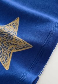 Blaues Textil mit einem großen goldenen Stern-Design. Glatte Textur mit Kantenstichdetails, keine zusätzlichen Muster oder Verzierungen.