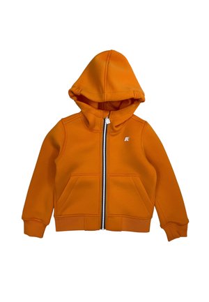 Felpa con cappuccio arancione con cerniera, tasche frontali e piccolo logo bianco sul petto, mostrata su sfondo bianco.