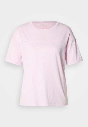 Roze T-shirt met korte mouwen van zacht katoen, voorzien van een ronde hals en een subtiele naad over de borst. Soepele textuur, losse pasvorm.