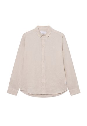 Beige long-sleeve shirt made of linen, featuring a button-down collar, subtle logo detail on the chest, and a curved hem.