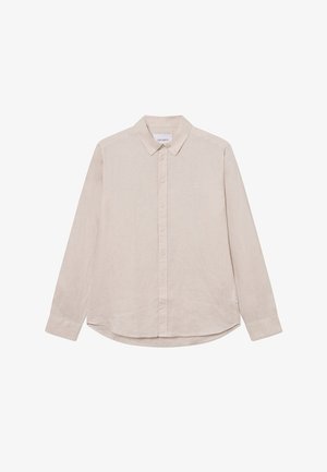 Beige pikem varrukas särk, mis on valmistatud linast, millel on nööbiga krae, diskreetne logo detail rinnal ja kumer hem.