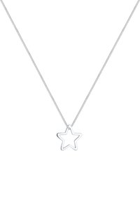 Silver stjärna hänge halsband med öppen design, hängande från en smal kedja. Minimalistisk estetik med slät, polerad yta.