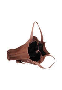 Borsa a mano in pelle marrone con texture morbida, dotata di due manici lunghi e apertura superiore senza chiusura. Interno nero con tasca con cerniera.