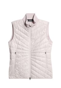 Ljusrosa ärmlös väst med hög krage, prydd med ett kviltat diamantsmönster, framzipper och två sidofickor. Slät textur.