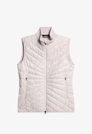 Lichtroze mouwloze vest met een hoge kraag, voorzien van een geborduurd ruitpatroon, een ritssluiting aan de voorkant en twee zijzakken. Een gladde textuur.