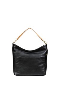 Borsa hobo in pelle nera con superficie texture, caratterizzata da una parte superiore curva, una tracolla in pelle marrone chiaro e accenti in metallo dorato.