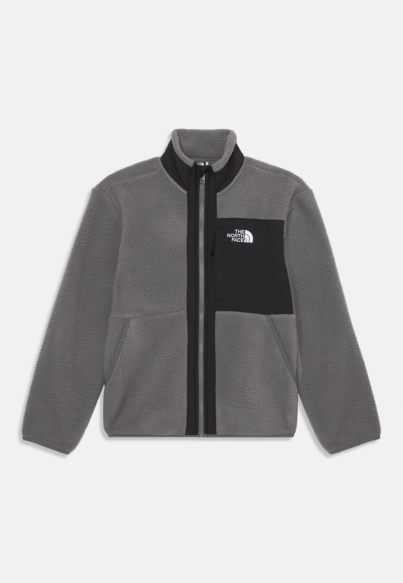 Giacca in pile grigia con una tasca con zip nera, colletto alto e zip frontale. Il logo The North Face è stampato sulla tasca del petto.