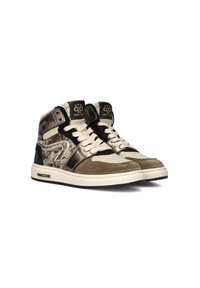 Hoge sneakers in metallic brons, zwart en beige suède. Heeft een gemêleerd paneel en logo op de tong, met beige veters.