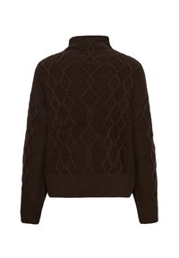 Pull en maille torsadée marron foncé à manches longues, poignets côtelés, ourlet et col montant vu de dos.