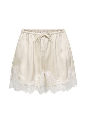 Crèmekleurige satijnen short met elastische taille en trekkoord, met delicate bloemige kanten rand langs de zoom.