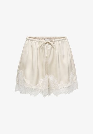 Crèmekleurige satijnen short met elastische taille en trekkoord, met delicate bloemige kanten rand langs de zoom.