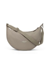 Beige olkalaukku, jossa on sileä pinta, kaareva muoto, säädettävä hihna ja kohokuvioitu brändin logo. Ominaisuuksiin kuuluu virtaviivainen muotoilu ja minimalistinen tyyli.