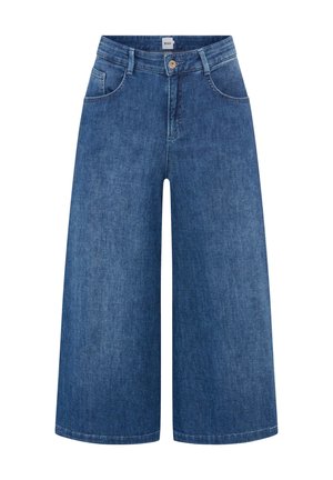 Blå vidde-ben denimjeans med høj talje, forreste knap, lynlås og sidelommer, mærket Brax.