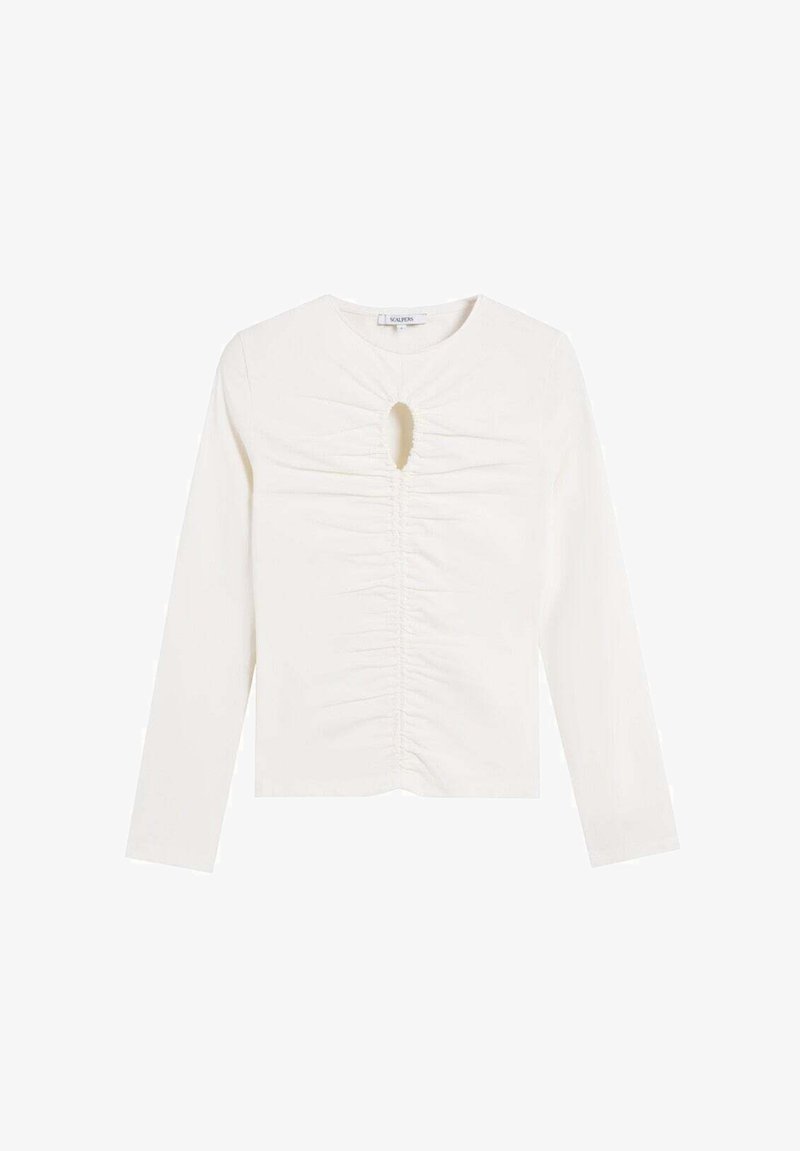 T-shirt blanc à manches longues avec un col rond, détail en forme de clé à l'avant et texture froncée le long du centre. Tissu doux et extensible.