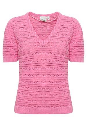 Ružový pletený sveter s výstrihom do V, krátkymi rukávmi a štruktúrovaným vzorom s horizontálnymi pruhmi a malými čipkovými detailmi.