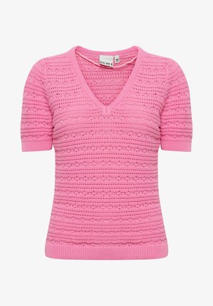 Pink knitted sweater with a V-neckline, short sleeves, and a textured pattern featuring horizontal stripes and small lace-like details.