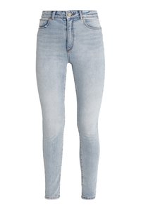 Ljusblå högmidjade skinny jeans med framknapp och dragkedja, fram- och bakfickor samt diskret blekning på benen.