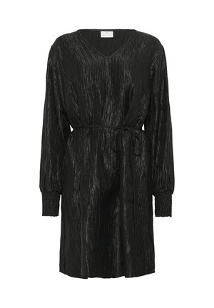 Zwart lang mouw textured jurk met V-hals, gerimpelde manchetten en een zelfbindende riem in de taille.