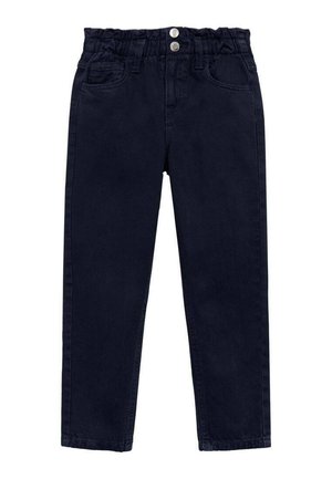 Pantaloni blu navy per bambini con vita elastica, due bottoni d'argento, tasche frontali e posteriori, e vestibilità a gamba dritta.