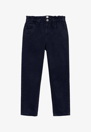 Pantalon pour enfants bleu marine avec taille élastique, deux boutons argentés, poches avant et arrière, coupe droite.