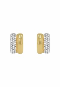 Orecchini in oro e argento con una finitura lucida, caratterizzati da una fascia di cristalli trasparenti accentuati su un lato. Design arrotondato e lucidato.