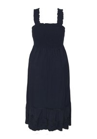 Robe midi bleu marine avec corsage smocké, bretelles volantées et ourlet à volants brodé.