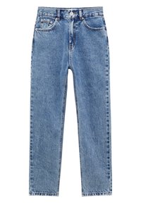Jeans en denim bleu clair avec un design à jambe droite, taille haute, poches avant et fermeture à bouton standard. Légèrement décolorés avec des coutures contrastées.
