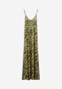 Satin maxi mekko oliivinvihreänä, jossa on tiikeriraidallinen kuvio. Ominaisuuksina ohuet spagettiolkaimet ja laskeutuva siluetti. Kevyt, sileä pinta.