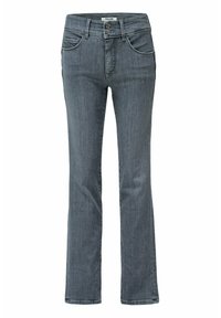 Szare dżinsy o średnim stanie, z nogawkami typu bootcut, dwoma przednimi kieszeniami i podwójnym zapięciem na guziki.